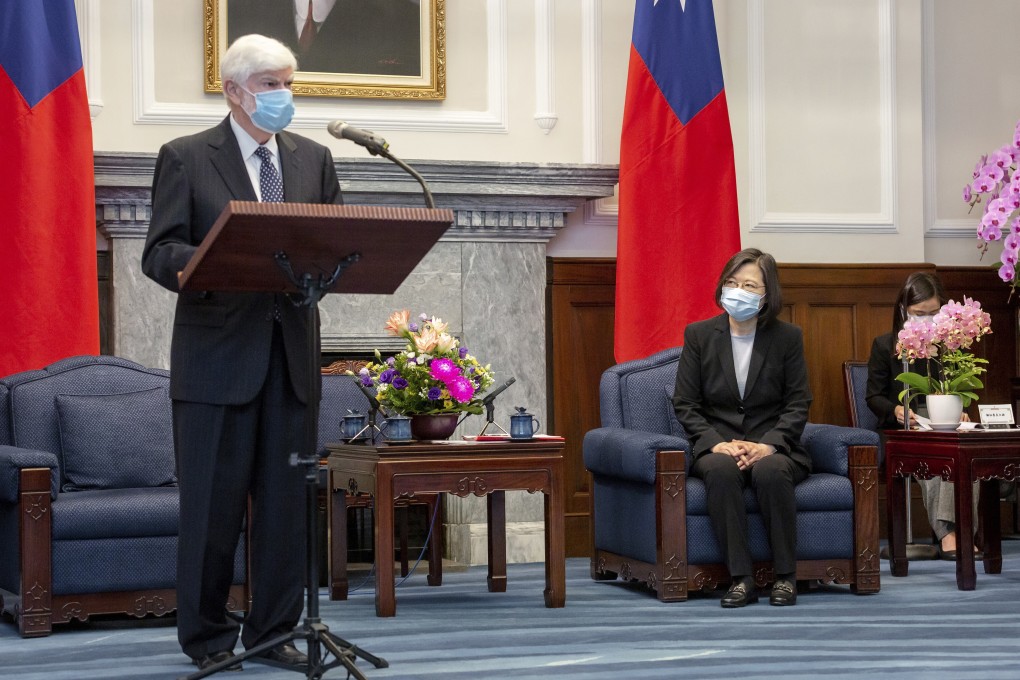 Former US senator Chris Dodd and Taiwan President Tsai Ing-wen, during a meeting in Taipei, on April 15, 2021. Taiwan's president and an unofficial delegation of former senior US government officials sent by President Joe Biden reaffirmed "rock solid" US-Taiwan ties, amid heightened tensions with China. Photo: Taiwan Presidential Office via AP