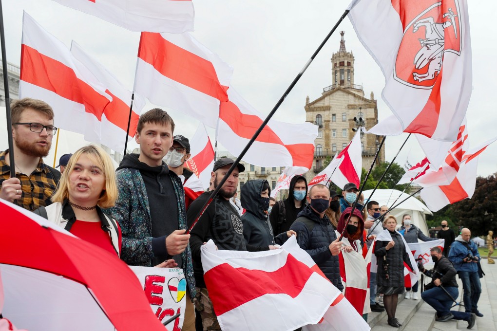 Activists attend a rally in support of detained Belarusian blogger Roman Protasevich in Kiev, Ukraine on Sunday. Photo: Reuters