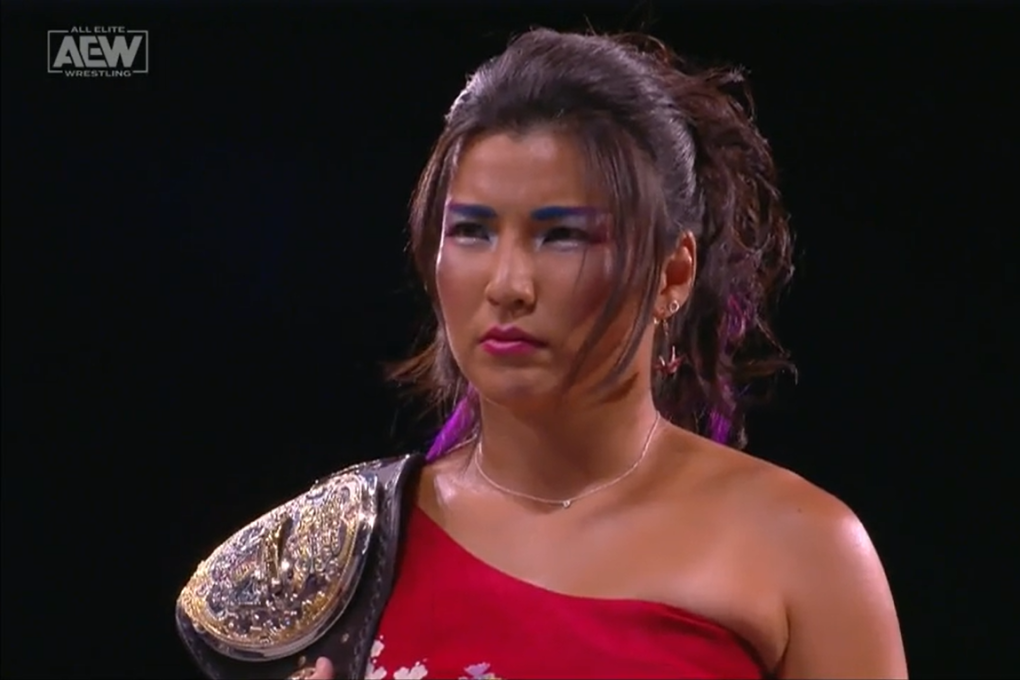 Hikaru Shida with the AEW women's title during an episode of Dynamite. Photo: AEW/Fite TV