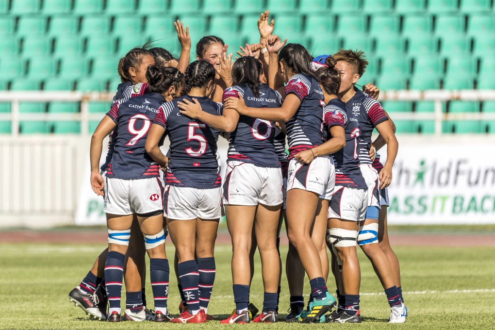Hong Kong women's sevens team before playing Sri Lanka at the Asia Rugby Sevens tournament qualifier for the Tokyo 2020 Olympic Games in 2019. Photo: HKRU
