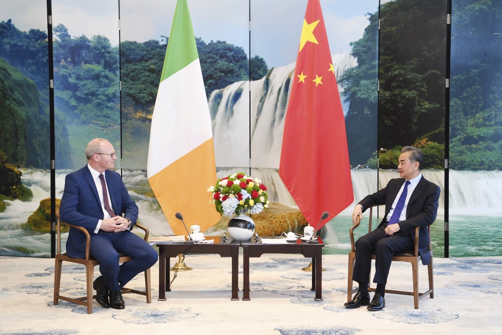 Irish Foreign Minister Simon Coveney (left) meets Chinese counterpart Wang Yi in Guizhou on Sunday. Photo: Xinhua