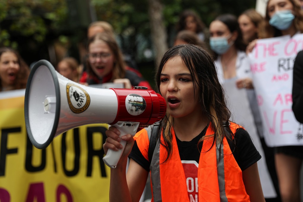 Izzy Raj-Seppings leads a ‘School Strike 4 Climate’ march with fellow youth organisers to demand action on climate change in Sydney on May 21. Photo: Reuters