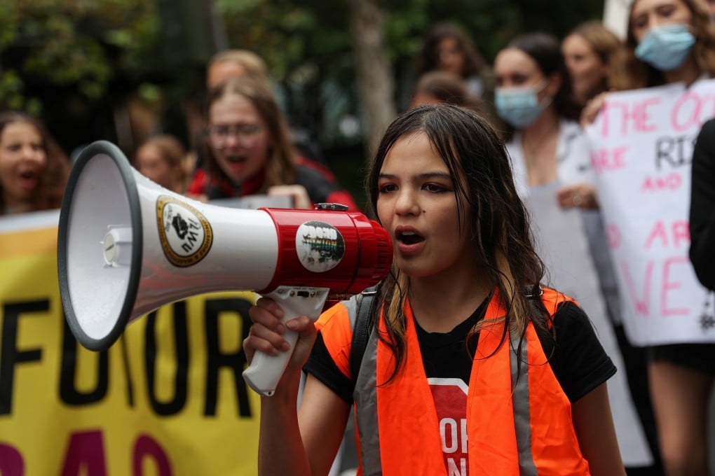 Izzy Raj-Seppings leads a ‘School Strike 4 Climate’ march with fellow youth organisers to demand action on climate change in Sydney on May 21. Photo: Reuters