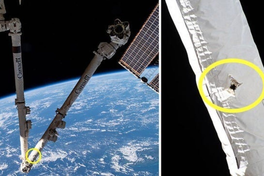 Photos show damage to a robotic arm on the International Space Station on May 28, 2021. Photos: Nasa/Canadian Space Agency
