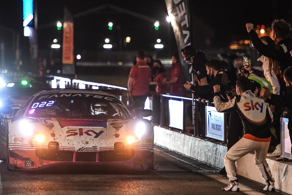 Hong Kong racer Jonathan Hui celebrates as Sky Tempesta Racing teammate Eddie Cheever III takes first place at the Circuit Paul Ricard 100km pro-am six-hour endurance in Le Castellet, France. Photo: FotoSpeedy