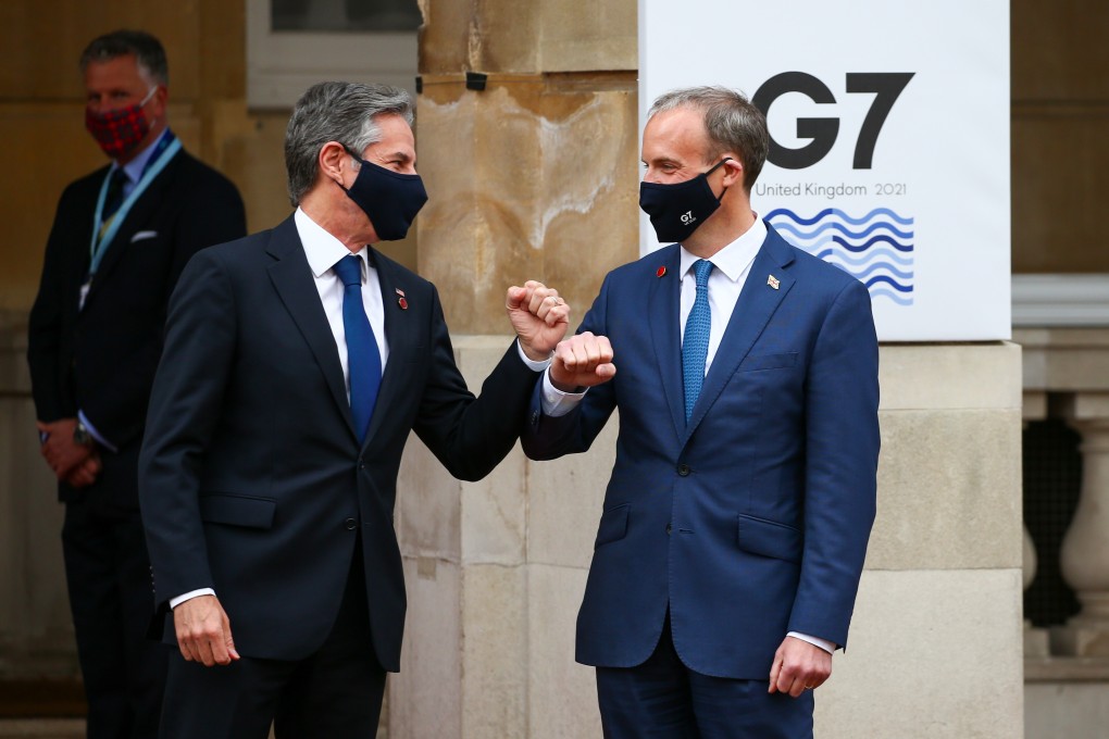 Britain’s foreign secretary Dominic Raab greets Antony Blinken, US secretary of state, at a G7 meeting in London, on May 4. Photo: Bloomberg