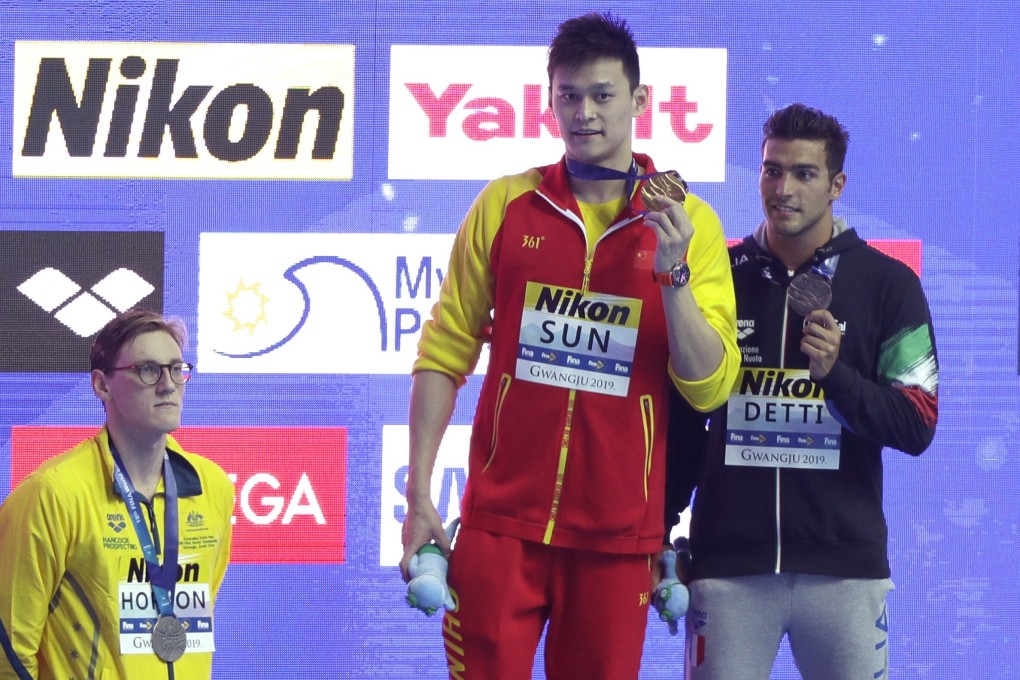 Australia’s Mack Horton refuses to share the podium with Sun Yang for the men’s 400m freestyle medal ceremony at the 2019 world championships. Photo: AP