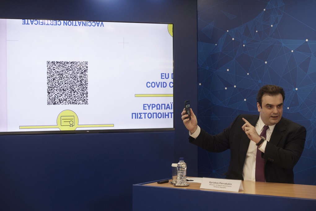 Greece’s digital governance minister, Kyriakos Pierrakakis, explains how the EU digital Covid-19 certificate will work. Photo: EPA-EFE