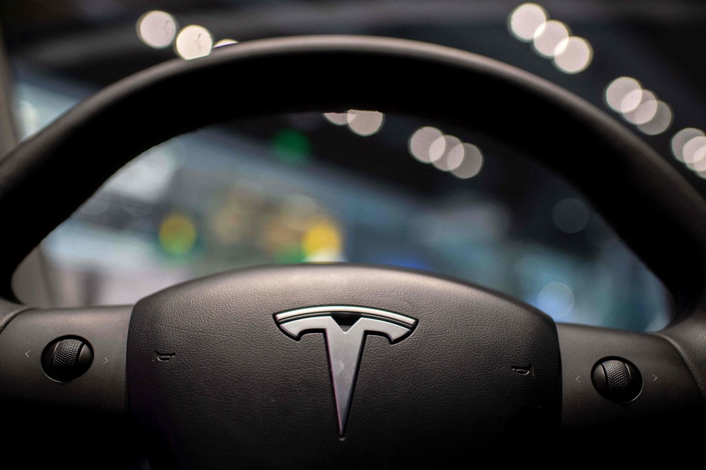 Part of an interior view of a Model 3 seen at a Tesla outlet in a shopping mall in Beijing on May 26, 2021. Photo: AFP