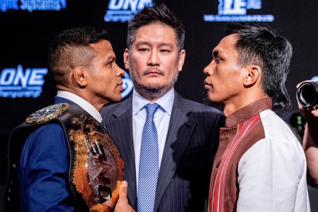 ONE bantamweight champion Bibiano Fernandes stares down Kevin Belingon in Tokyo ahead of their October 2019 bout. Photos: ONE Championship