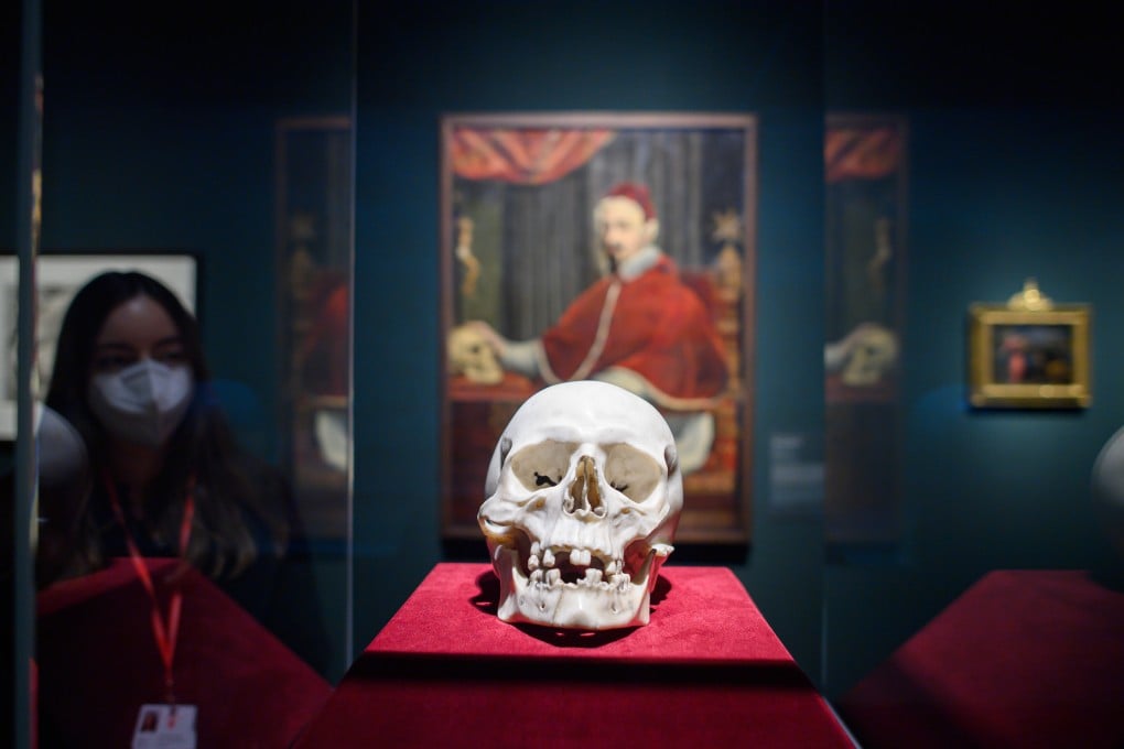 A skull made of white Carrara marble is the centrepiece of the special exhibition Bernini, the Pope and Death in the Semper Building in Dresden, Germany.