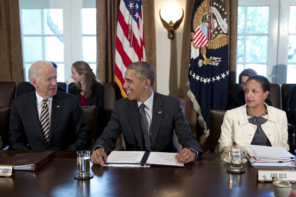 US President Joe Biden, left, Barack Obama and former national security adviser Susan Rice in 2017. Photo: AP