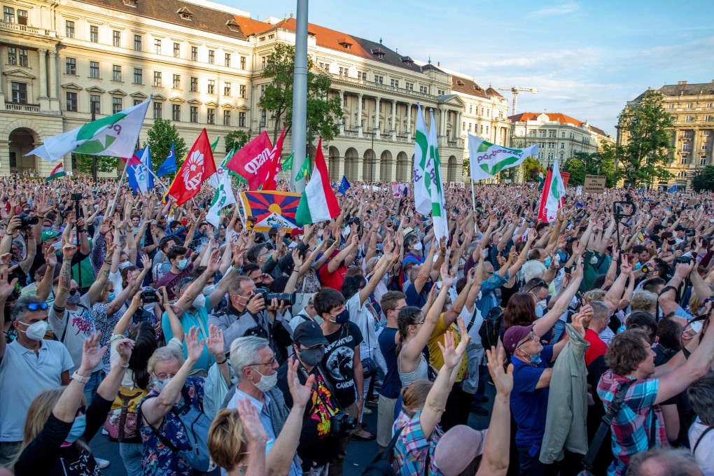 Protests march against the right-wing Fidesz party of Prime Minister Viktor Orban and the planned construction in the city of a satellite campus of Shanghai’s Fudan University. Photo: AFP