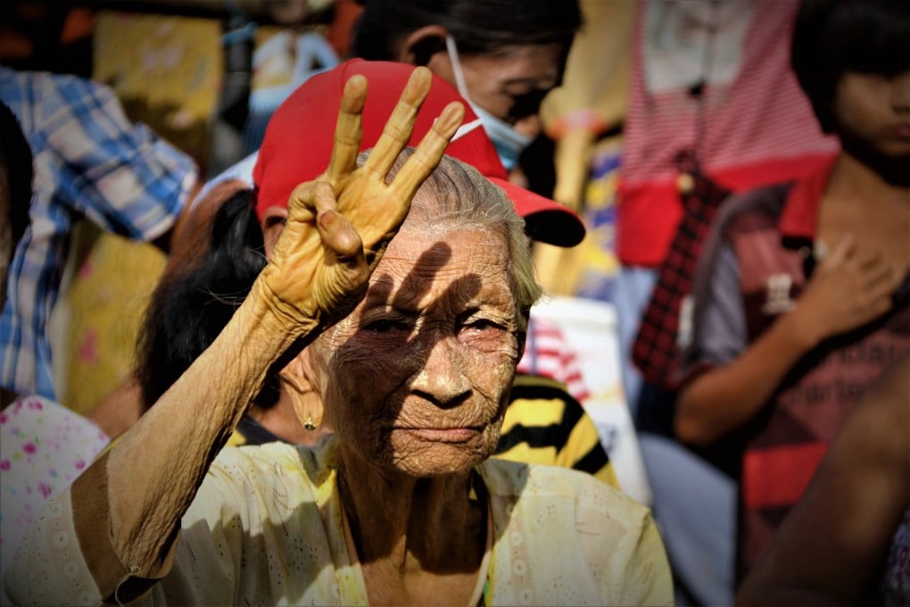 An elderly protester at a demonstration against the military coup in Dawei's Launglon township in Myanmar. Photo: AFP/Dawei Watch