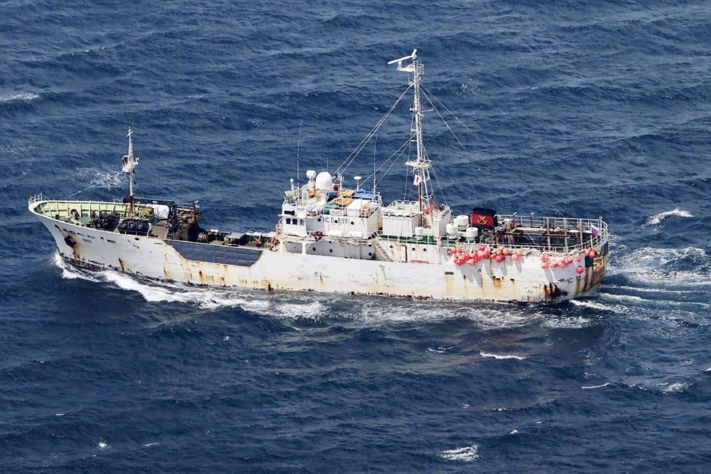 The Russian cargo ship Amur pictured after colliding with Japanese crab fishing vessel Hokko Maru No. 8 in the Sea of Okhotsk, north of Japan’s Hokkaido island, on May 26. Photo: Kyodo News via AP
