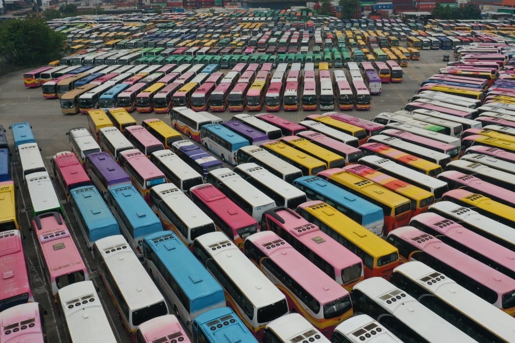 Aerial view of tourist buses and school buses parked at a lot in Kwai Chung in May 2020, ahead of resumption of classes after a four-month suspension as part of Covid-19 prevention measures. Photo: Sam Tsang