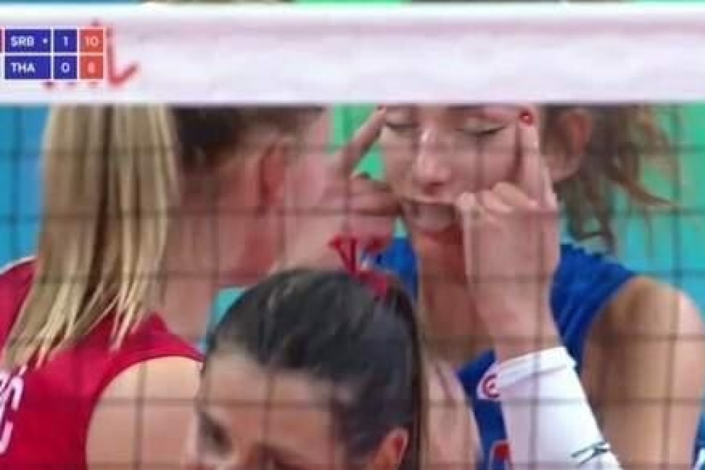 A screengrab showing Serbian volleyball player Sanja Djurdjevic making a racist gesture during a Nations League game against Thailand on June 1. Photo: Sina