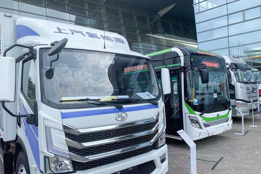 Hydrogen-powered trucks and buses were displayed at the International Hydrogen Fuel Cell Vehicle Congress on Wednesday. Photo: Daniel Ren