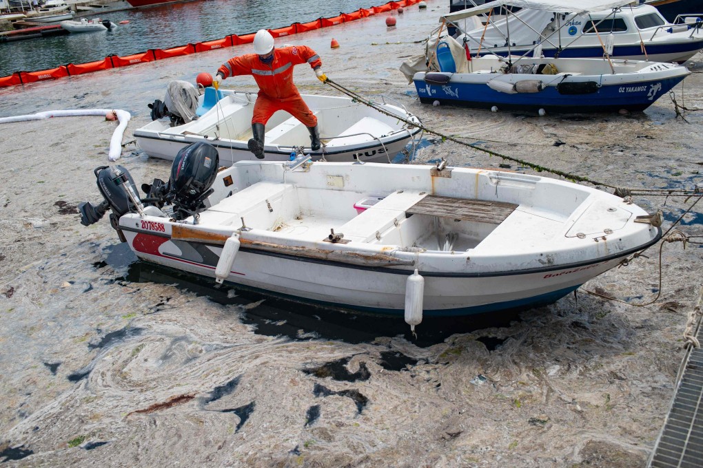 A worker on the Caddebostan shore of Turkey’s Marmara Sea, cleans mucilage, or ‘sea snot’, a jelly-like layer of slime that develops on the surface of the water. Photo: AFP