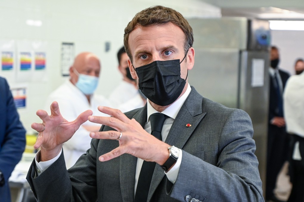 French President Emmanuel Macron speaks to journalists during a visit to a school soon before the incident in the village of Tain-l’Hermitage in the Drome region. Photo: Reuters
