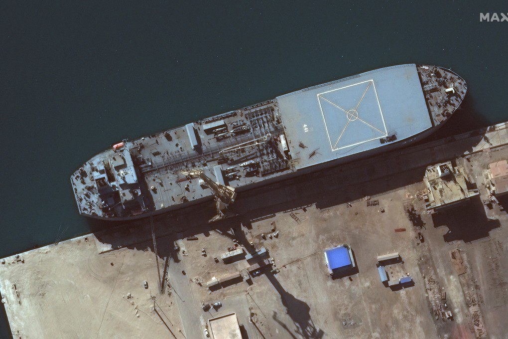 The Iranian naval ship the Makran in Bandar Abbas, Iran. Photo: Maxar Technologies Reuters