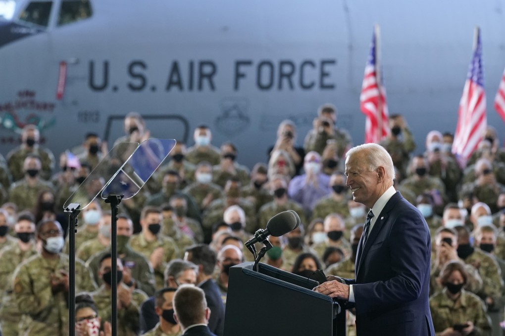 US President Joe Biden addressing American service members at RAF Mildenhall in Britain on Wednesday. A Pentagon advisory panel Biden set up has finished its review of US military strategy toward China and made its recommendations. Photo: AP