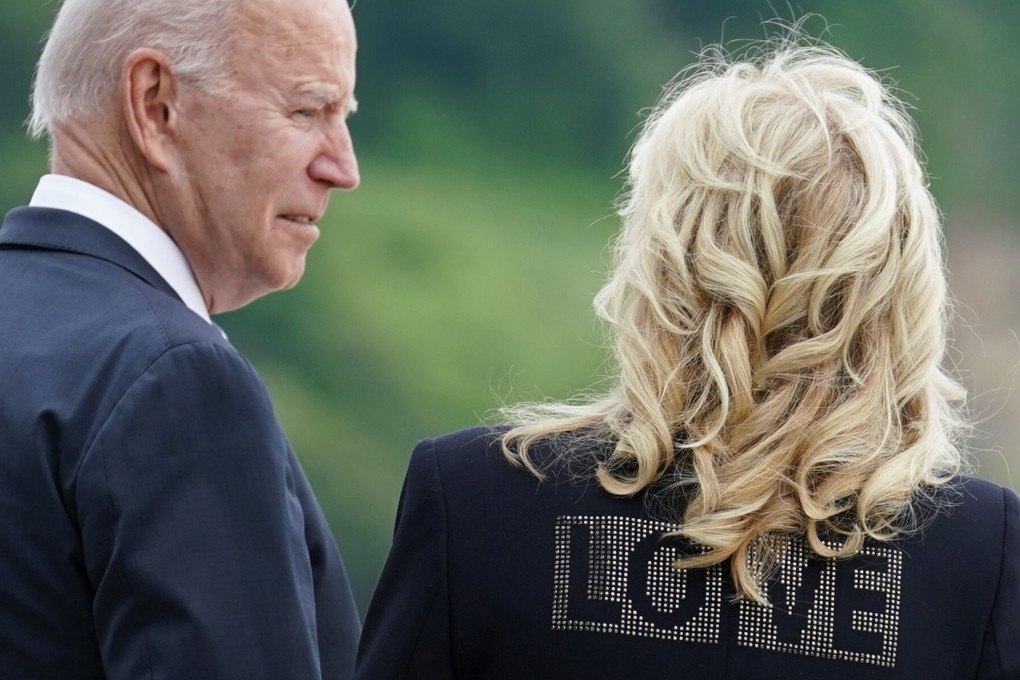 US first lady Jill Biden is “bringing love from America” – and her black jacket from Zadig & Voltaire with the word ‘love’ on the back proves it. Photo: Reuters