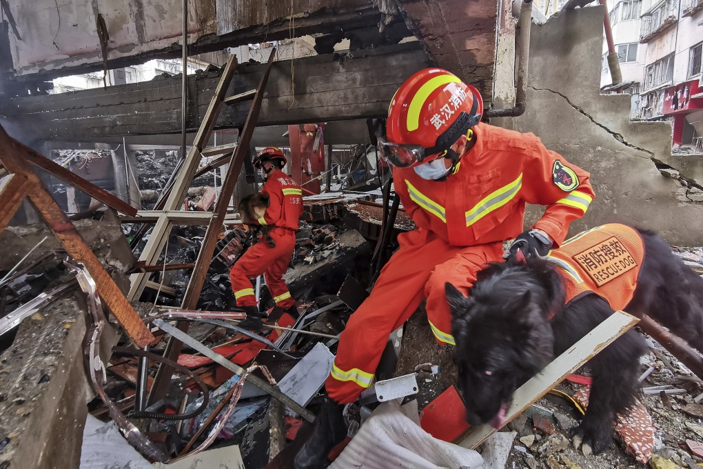 Rescue workers with sniffer dogs search for survivors in the aftermath of a gas explosion in Shiyan city in central China's Hubei province on Sunday. Photo: AP