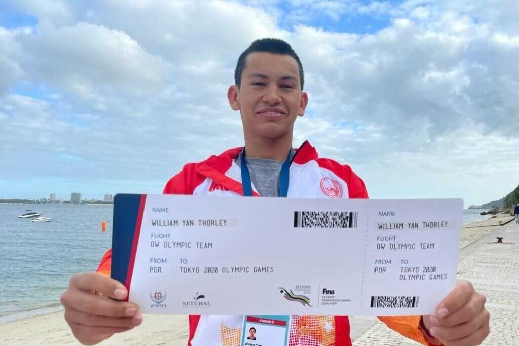 William Yan Thorley with his Olympic ticket after qualifying for Tokyo in marathon swimming. Photo: HK Swimming Association