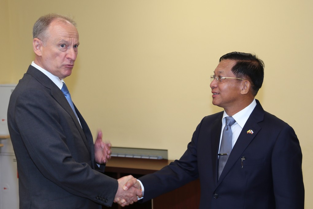 Russia’s Security Council Secretary Nikolai Patrushev, left, and Myanmar's military chief Min Aung Hlaing in Moscow, Russia on Monday. Photo: EPA-EFE / Russian Security Council’s Press Office