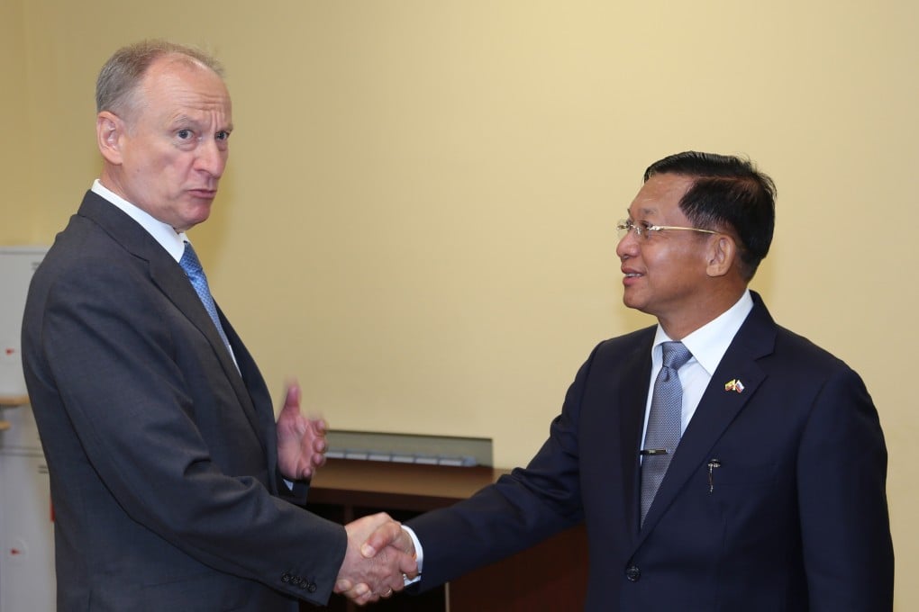 Russia’s Security Council Secretary Nikolai Patrushev, left, and Myanmar's military chief Min Aung Hlaing in Moscow, Russia on Monday. Photo: EPA-EFE / Russian Security Council’s Press Office
