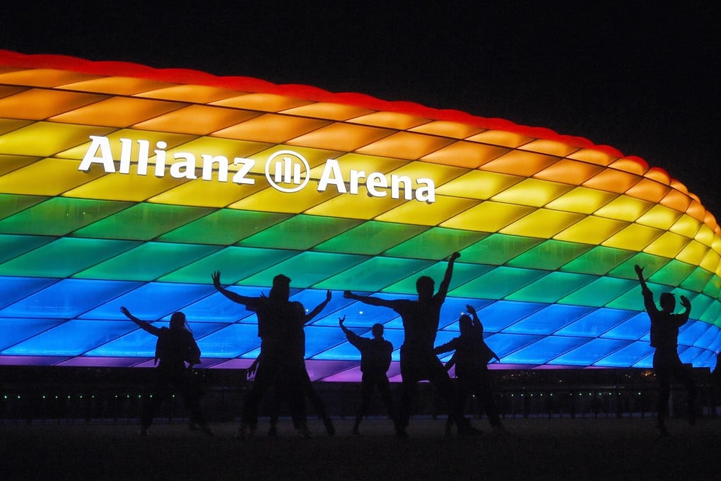 The shell of the Allianz Arena lit up in rainbow colours. Munich’s stadium cannot be illuminated in rainbow colours for Wednesday's Euro 2020 match between Germany and Hungary, the ruling body Uefa has said. Photo: Picture Alliance / DPA