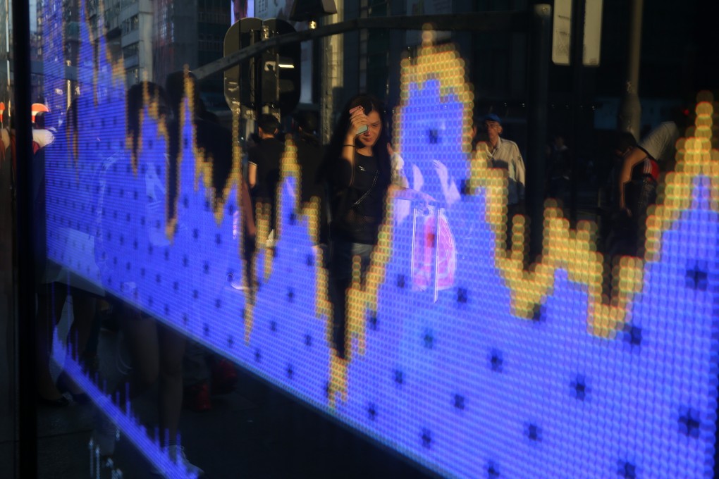 The Hang Seng Index chart on display outside a brokerage in Mong Kok, Hong Kong. Photo: Sam Tsang