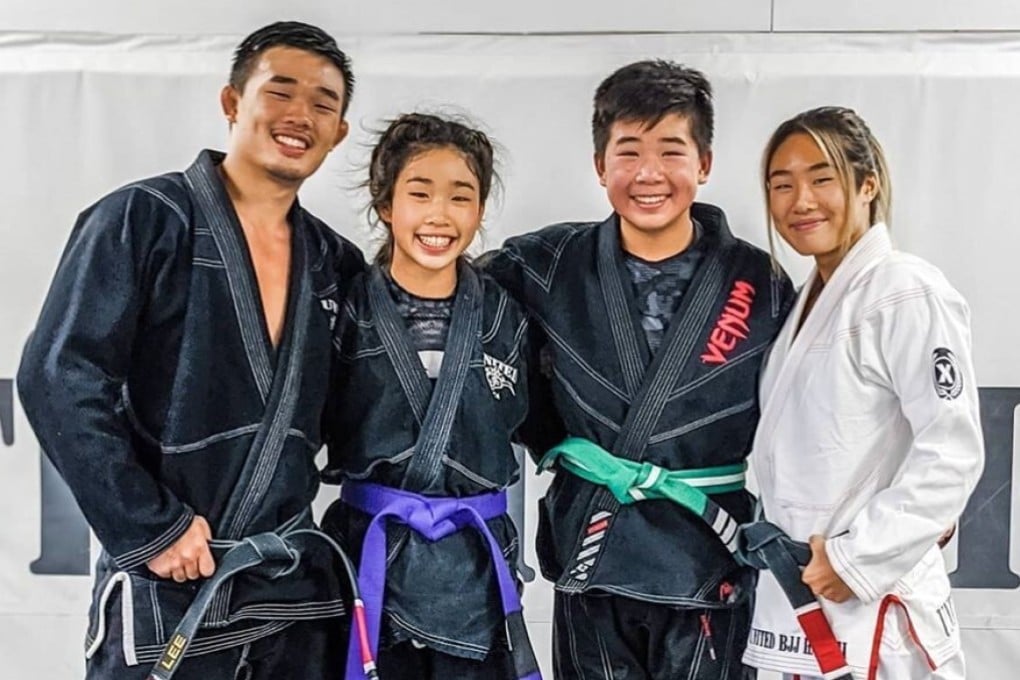 ONE Championship lightweight champ Christian Lee with his siblings Victoria Lee (second left), Adrian Lee (second right) and ONE atomweight champ Angela Lee (right). Photo: Instagram/@angelaleemma