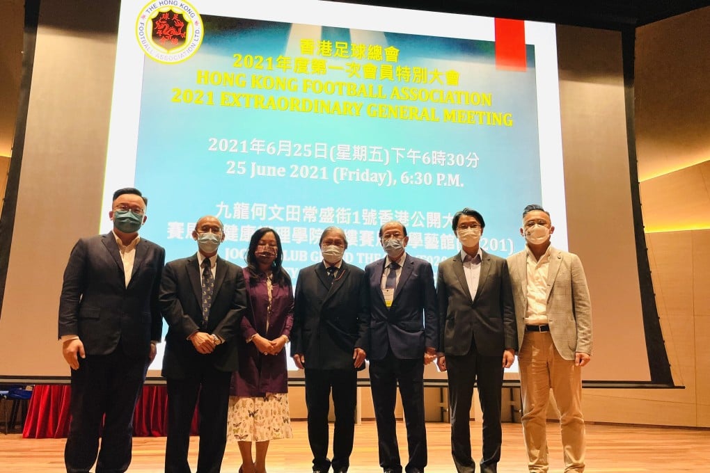 Newly elected HKFA board members with president Timothy Fok (centre) and chairman Pui Kwan-kay. From left: Nicholas Chan, Johnny Woo, Yvonne Wong, Fok, Pui, Wong Siu-kei and Hanson Wong. Photo: Chan Kin-wa