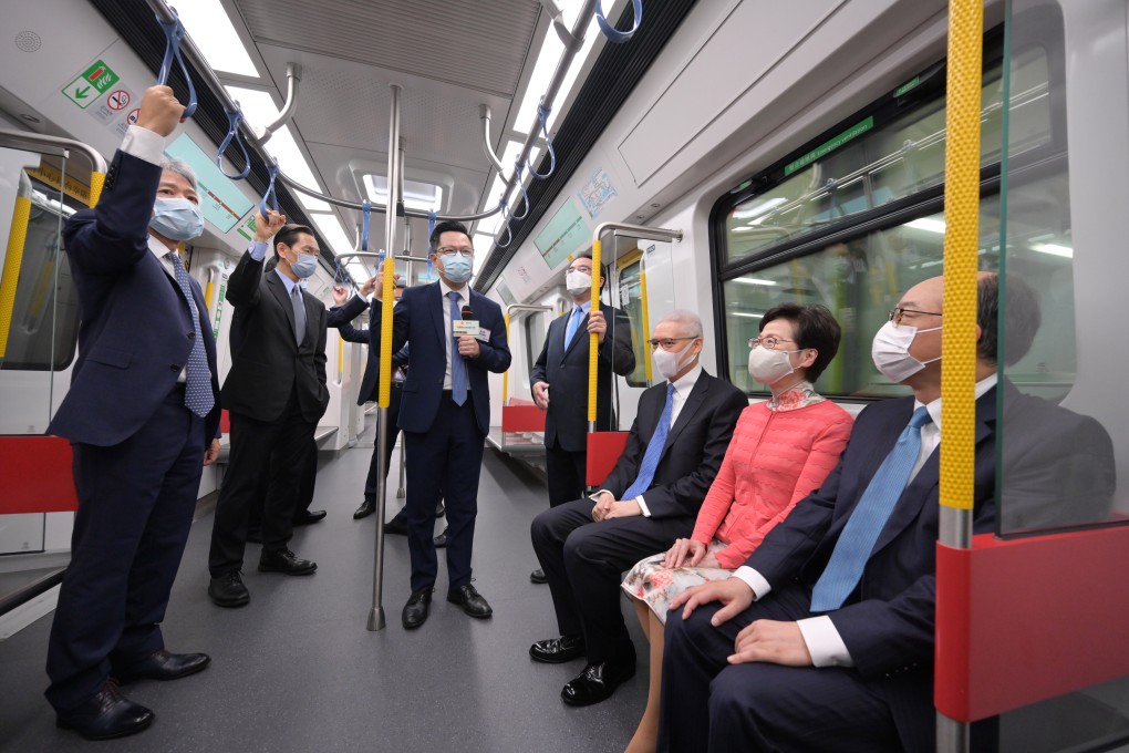 Chief Executive Carrie Lam takes a ride on the new Tuen Ma line on Saturday, a day before it was set to fully open. Photo: Handout