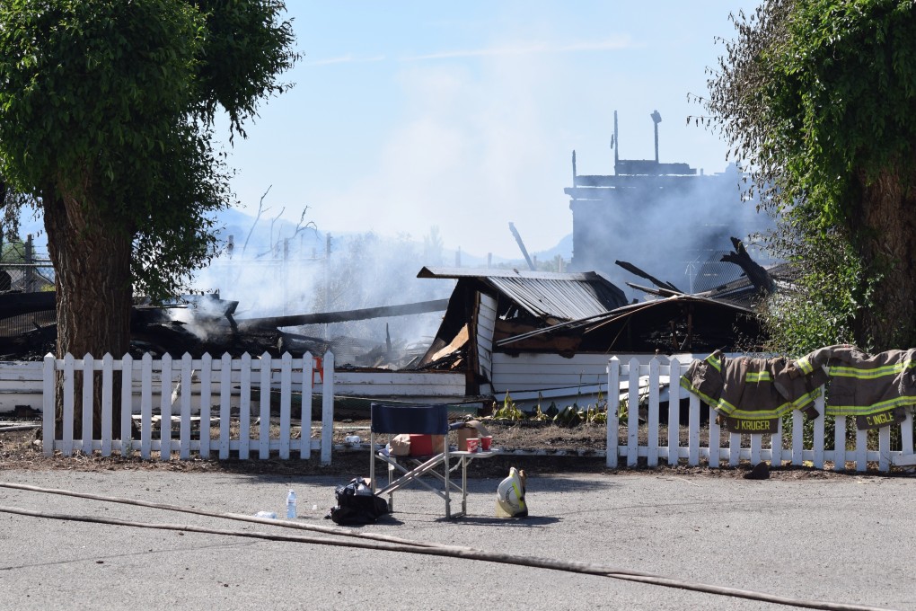The burned remnants of Sacred Heart Church on the Penticton Indian Reserve, near Penticton, British Columbia, Canada on Monday. Photo: Penticton Herald via AP