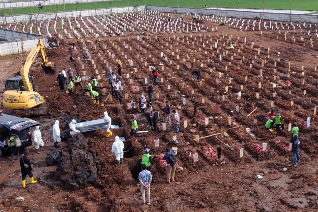 Municipality workers carry a coffin from an ambulance to a burial area for victims of Covid-19 in Jakarta, Indonesia. Photo: Reuters