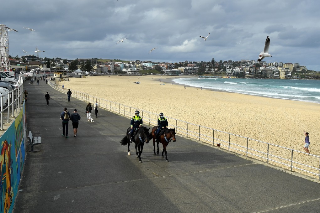 Mounted Police patrol Bondi Beach in Sydney on June 28, 2021. Photo: EPA-EFE