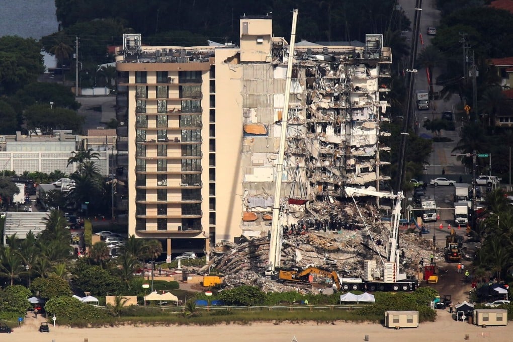 Aerial view of the partially collapsed residential building in Surfside near Miami Beach, Florida, on Sunday. Photo: Reuters