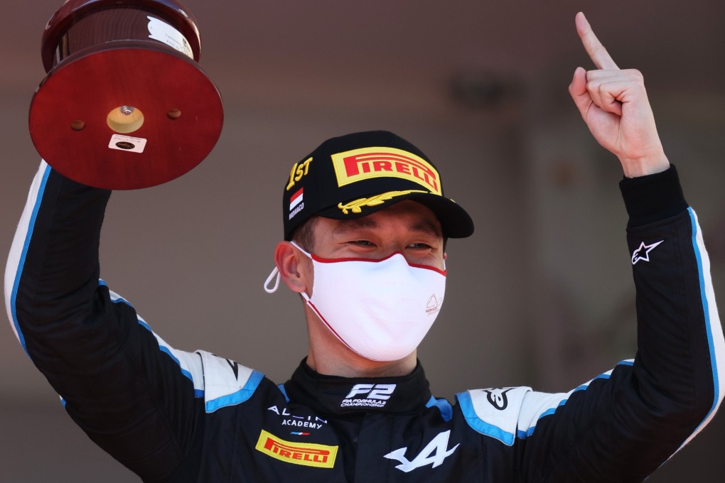 China's Zhou Guanyu celebrates victory in the first sprint race at the 2021 Formula 2 Monaco Grand Prix. Photo: Twitter/Formula 2