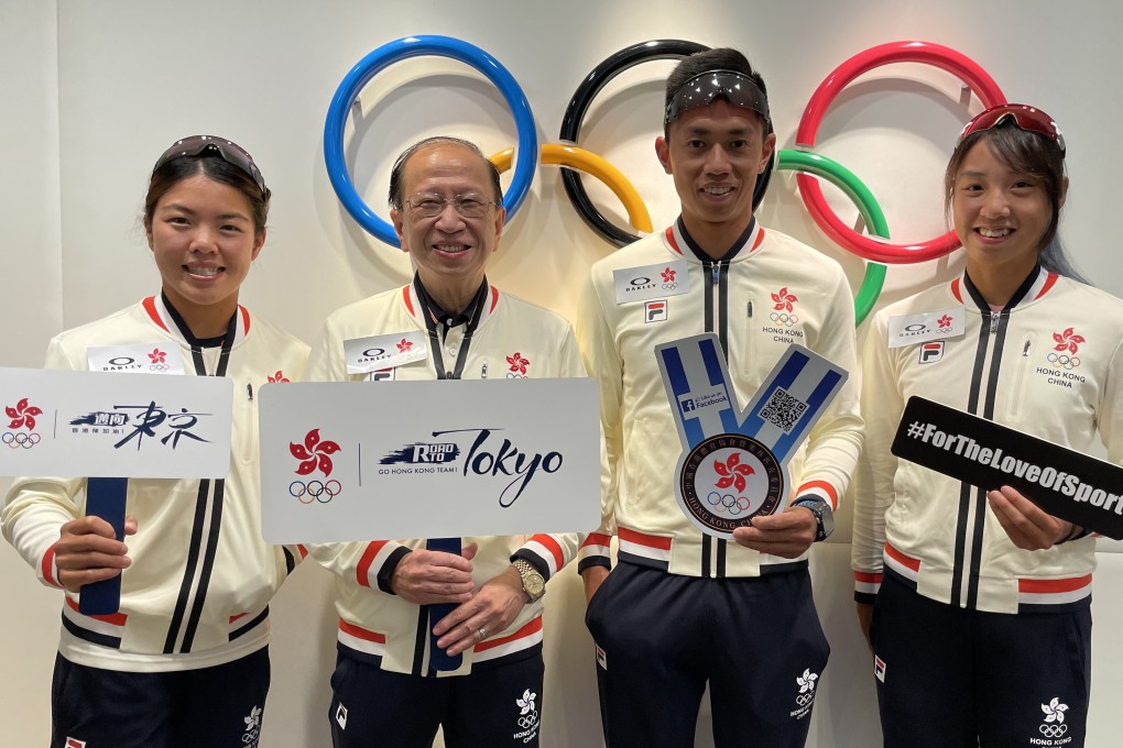 Chef de Mission to Tokyo Olympic Games Pui Kwan-kay (second from left) and three Olympic athletes who attended a commercial sponsorship activity to support the Hong Kong delegation. From left: Hayley Chan Hei-man, Michael Cheng Chun-leung (both windsurfing) and Winnie Hung Wing-yan (rowing). Photo: Chan Kin-wa