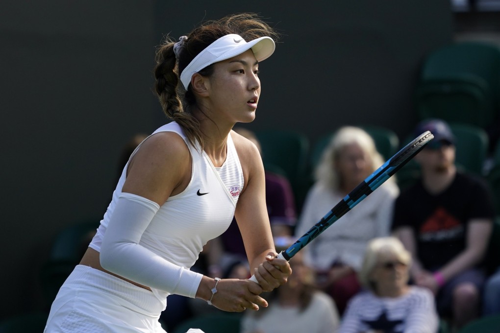 China’s Wang Xinyu waits for Sofia Kenin (US) to serve on day one of Wimbledon in London. Photo: AP