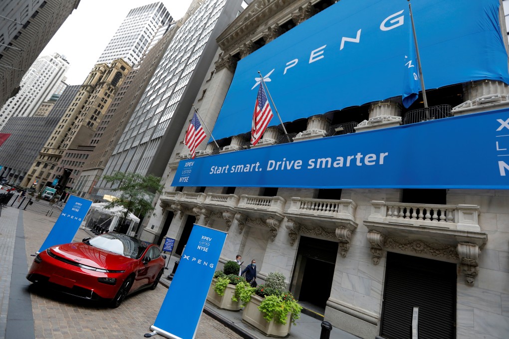 An Xpeng P7 electric car is seen outside the New York Stock Exchange to mark its listing on August 27, 2020. Photo: Reuters