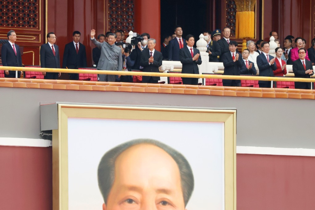 Xi Jinping was flanked by former and current senior leaders as he delivered the speech over looking Tiananmen Square. Photo: Reuters