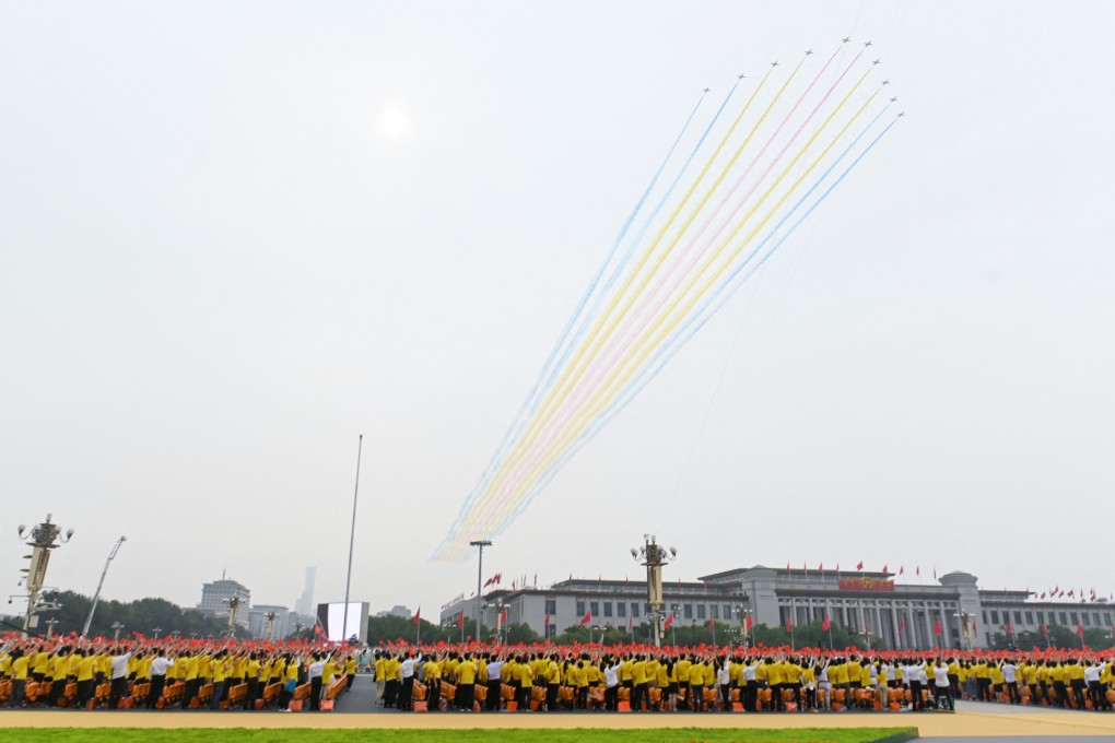 Jet fighters fly over Tiananmen Square during the celebrations marking the Communist Party centenary in Beijing on Thursday. Photo: AFP