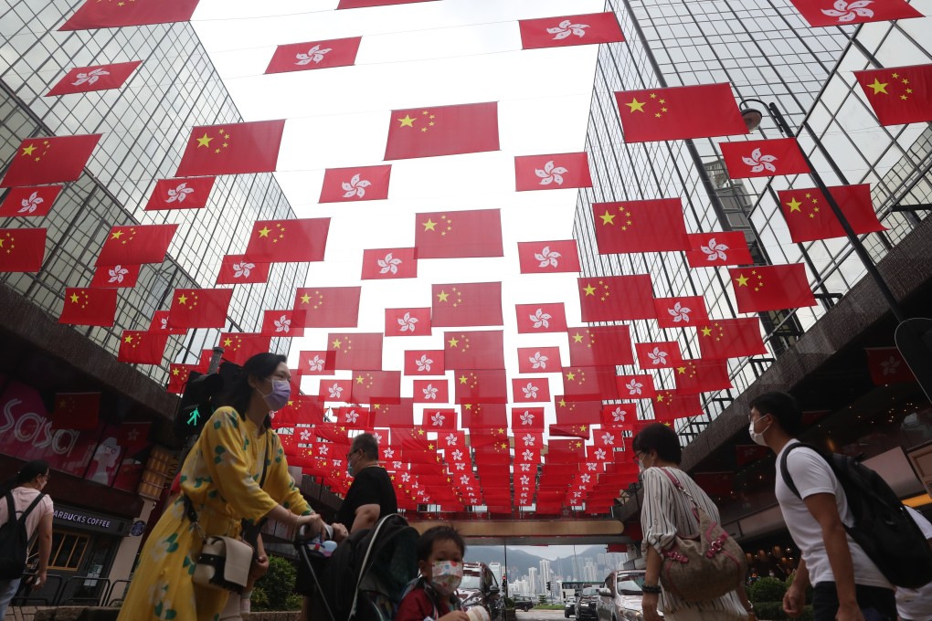 A display of national and Hong Kong flags adds a dash of colour to Tsim Sha Tsui East. Photo: Xiaomei Chen