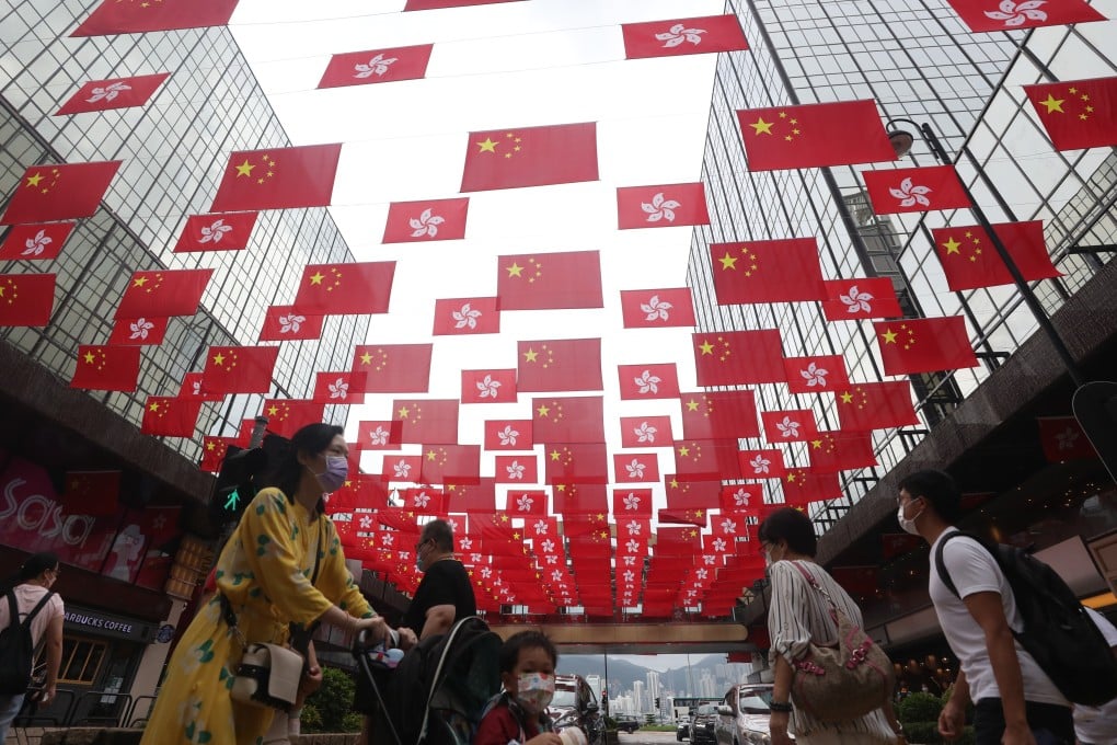 A display of national and Hong Kong flags adds a dash of colour to Tsim Sha Tsui East. Photo: Xiaomei Chen