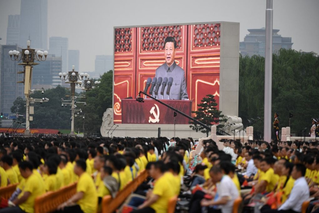 Chinese President Xi Jinping delivers a speech during the Communist Party’s centenary celebrations at Tiananmen Square in Beijing on Thursday. Photo: Getty Images via TNS