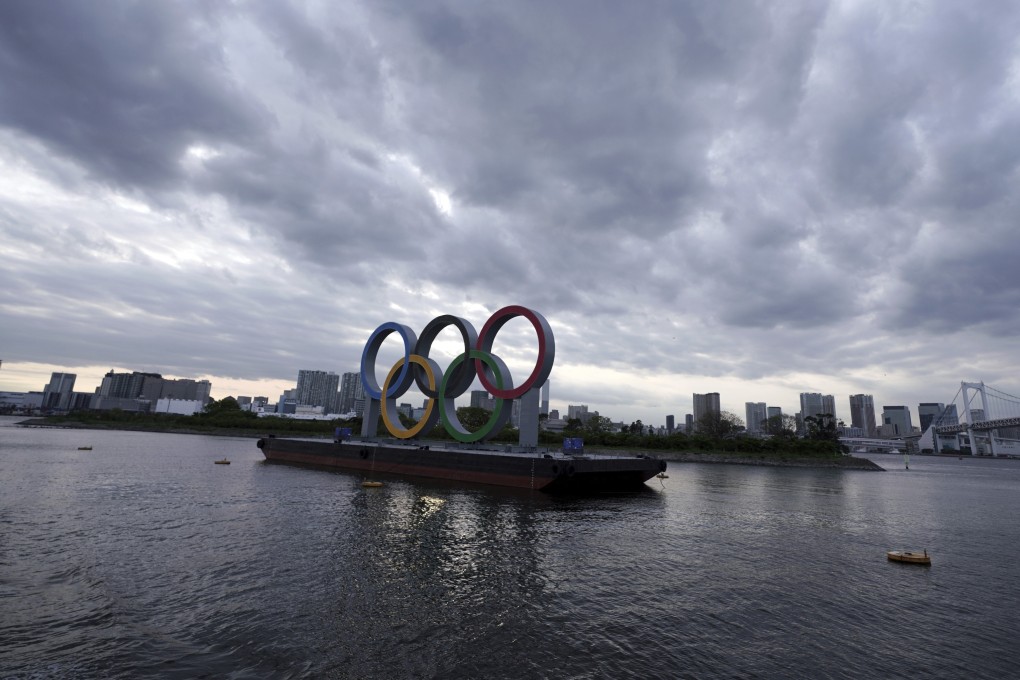 The Olympic rings float in the water near Odaiba island in Tokyo. Photo: AP